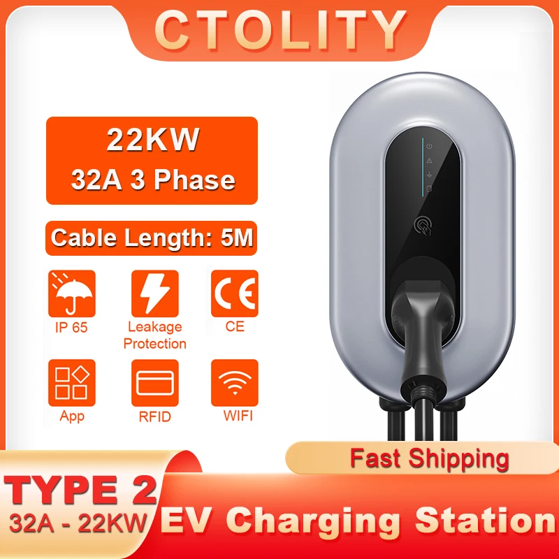 

EV Charger Electric Vehicle Car Charger Charging Station EVSE Wallbox 32A 22KW 3 Phase Type2 Cable IEC62196-2 Socket APP Control