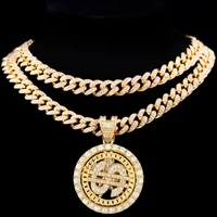 fashion dollar sign full rhinestone pendant necklace for women men bling iced out cuban link chain necklace hip hop jewelry gift