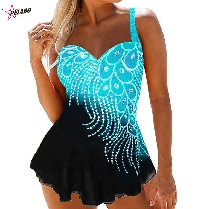 

Women Feather Print Tankini Summer Beach Padded Swimwear Halter Two Piece Swimsuit High Waist Bathing Suit S-8XL 2022