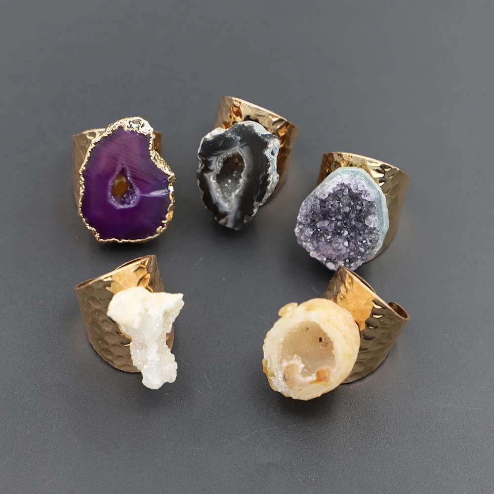 

Hot Sale Natural Quartzs Raw Ore Stone Irregular Amethyst Agate Rings For Finger Couple Resizable Wedding Party Gift Random 1Pcs