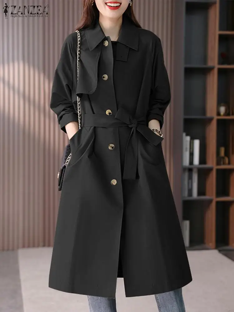 

Осеннее длинное пальто ZANZEA, модный Женский Тренч с длинным рукавом, свободные пальто с отворотом, элегантная офисная верхняя одежда, однотонная ветровка