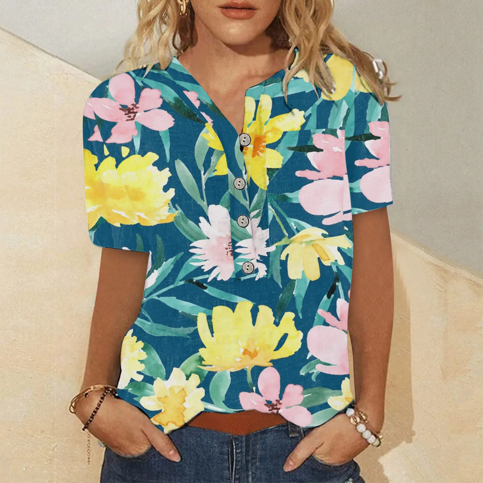 

Women Summer Floral Pattern Button Blouse Short Sleeve Comfy Dressy Tshirts