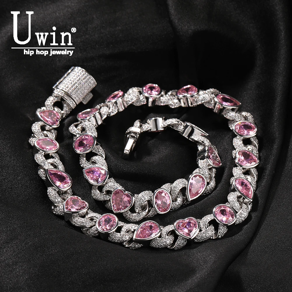 

Uwin 12mm Cubic Zirconia Necklaces For Women Prong Setting Iced Out Pink Heart Stone Fashion Charm Necklace Jewelry For Gift