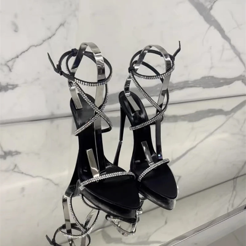 Spring and Summer European and American New Pointed High Heels Rhinestone Cross Strap Black Sexy Fashion Sandals