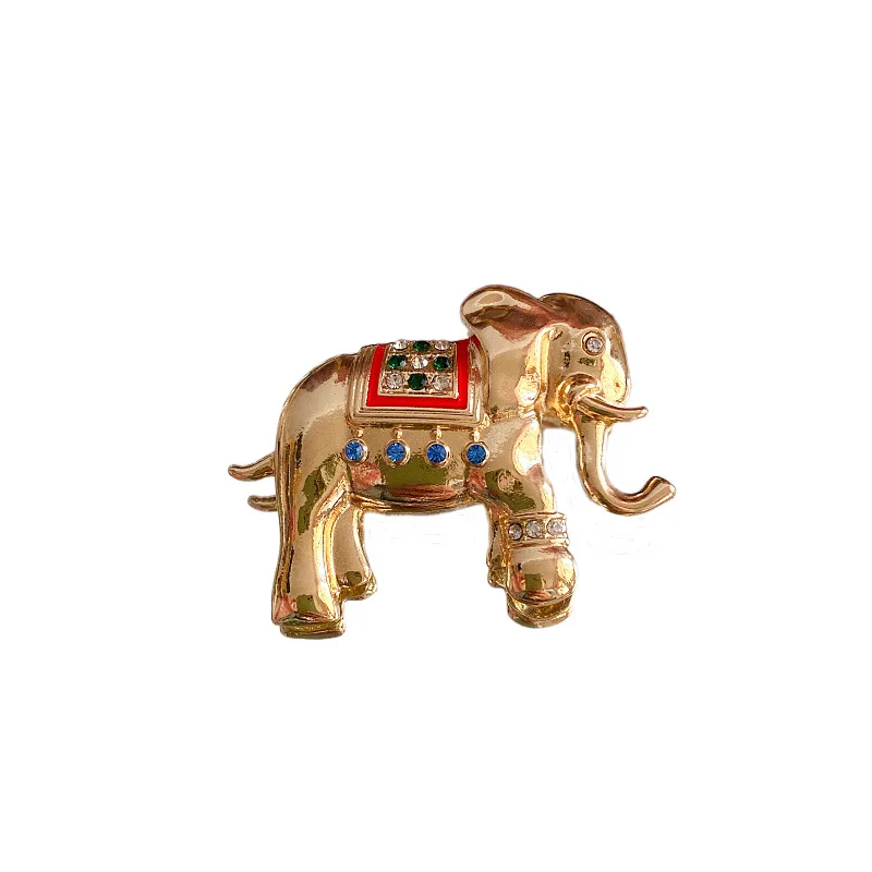 Auspicious Baby Elephant Drop Glaze Enamel Rhinestone Brooch Vintage Square Stud Earrings Jewelry Accessories Set for Women