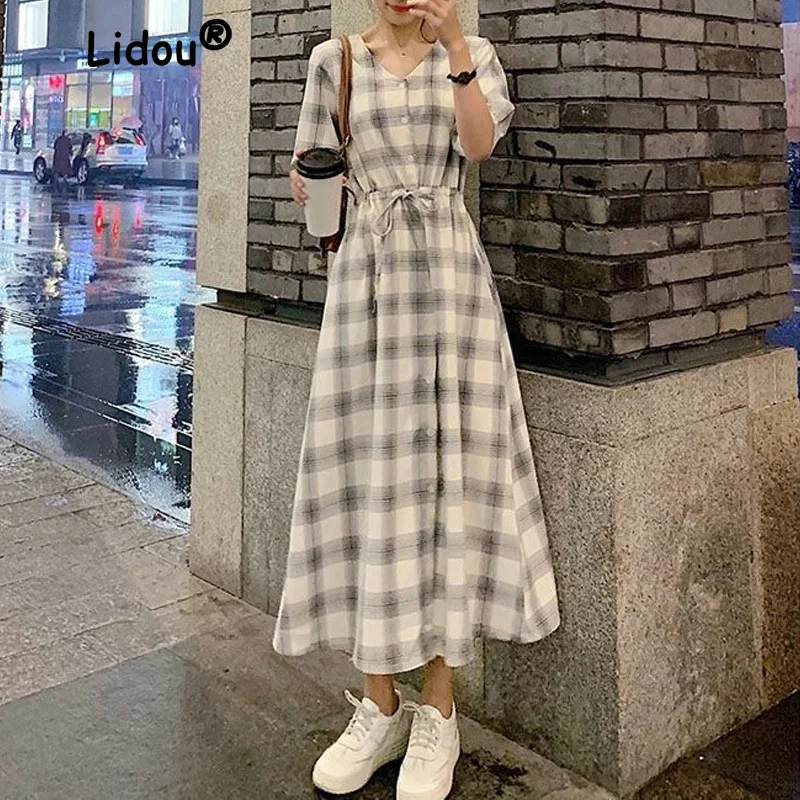 

Fashion Personality Lattice Lacing A-line Skirt New Short Sleeve V-neck Korean Button Office All-match Casual Fairy Dress 2022
