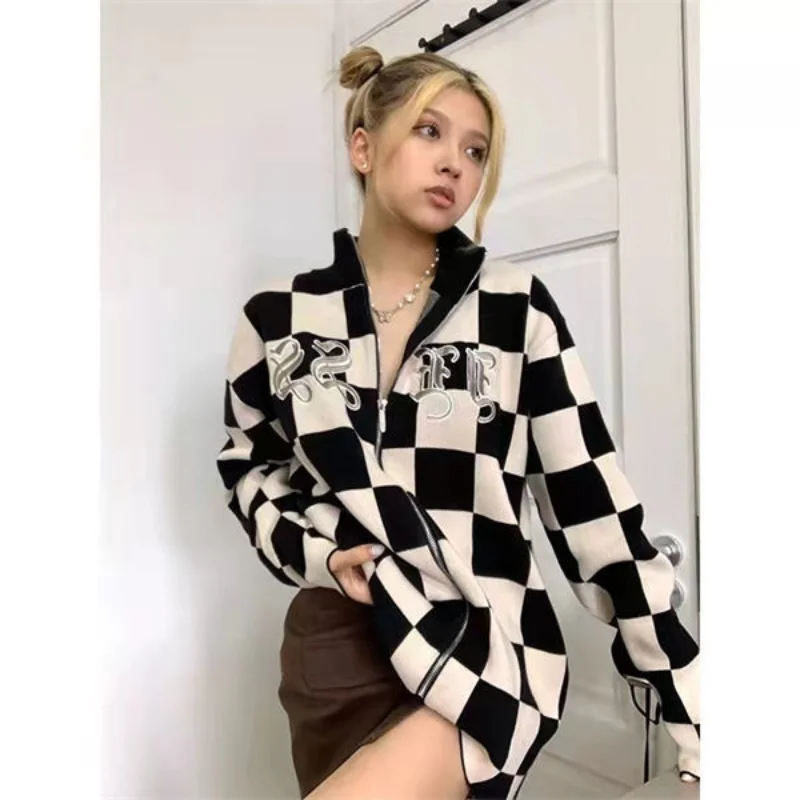 

American Retro Loose Knitted Cardigan Long Sleeve Sweaters Black White Chessboard Tops Women Stand Collar Gilet Femme Sueter