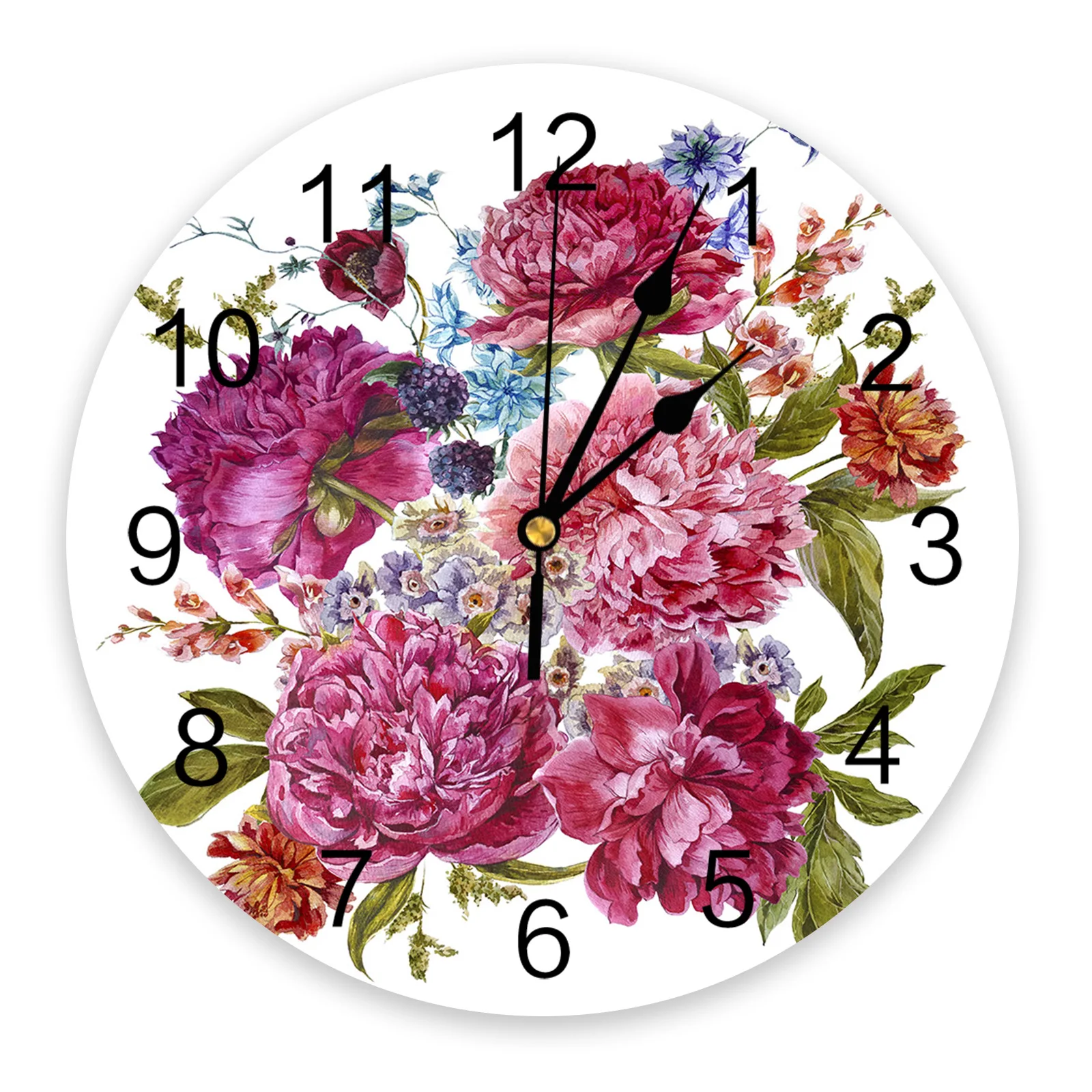 Pink Flower Leaves  Decorative Round Wall Clock Arabic Numer