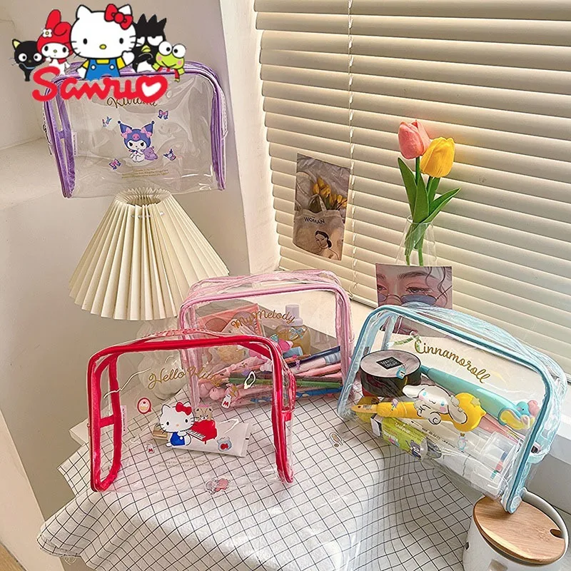 

Sanrio Melody Kuromi Hello Kitty Cinnamoroll Pochacco Cute Transparent Pen Stationery Bag Portable Travel Storage Cosmetic Bag