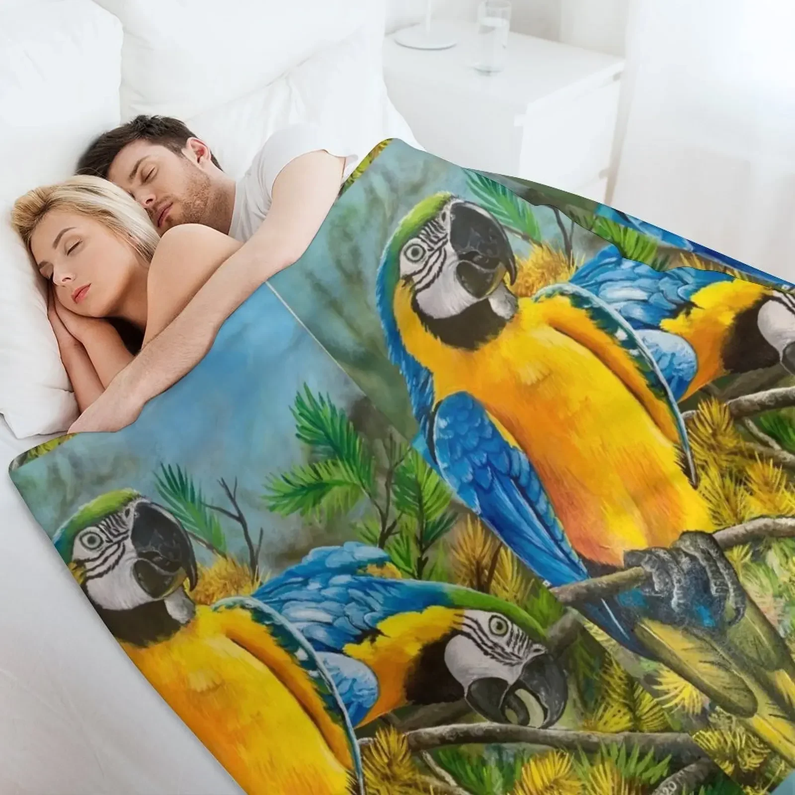 Синее и Золотое одеяло Macaws #1 дизайнерские одеяла для кровати