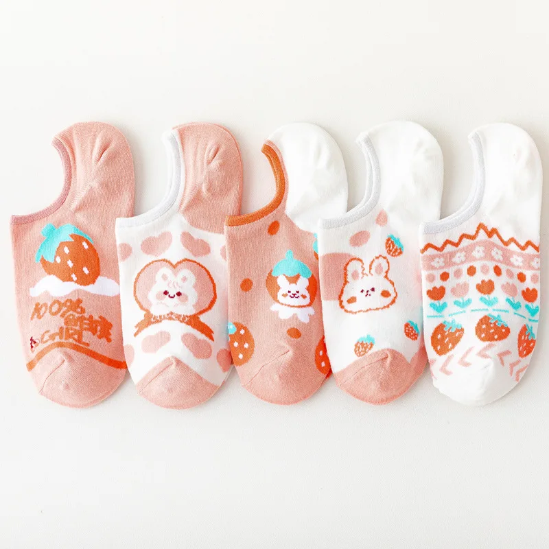 

Cartoon Jacquard Women Sock Rabbit Strawberry Woman Cotton Socks Short Casual Soft Sox Girls Spring Autum Sweet Trendy Skarpetki