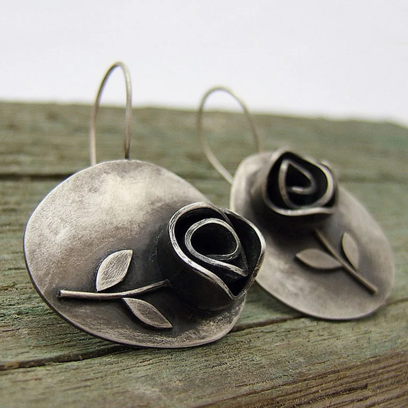 

Asymmetric ancient silver Color Leaf Metal Rose Flower Earrings Jewelry Ethnic Engraved Statement Earrings Gift
