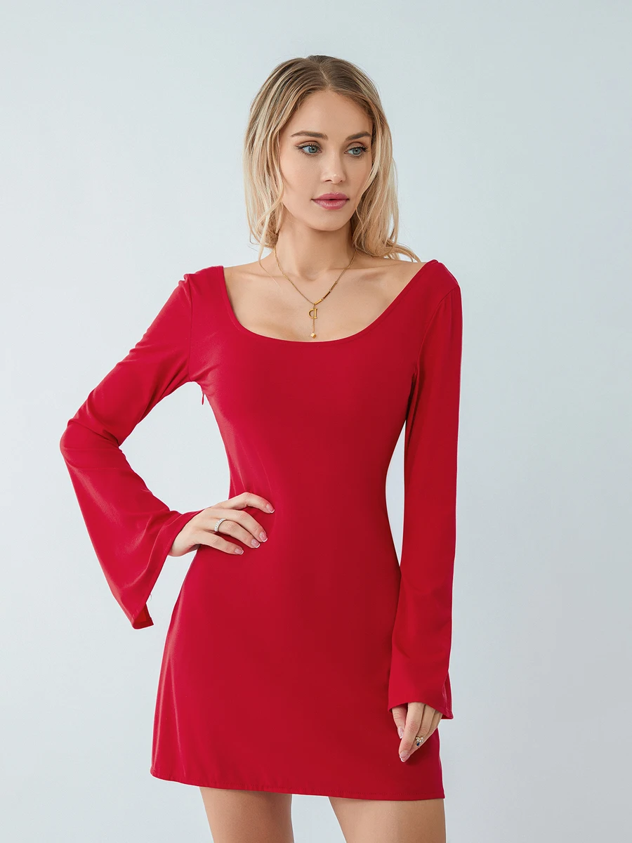 

Women Elegant V-Neck Midi Dress with Ruffled Sleeves and Belted Waist Solid Color A-Line Pleated Party Cocktail Dress