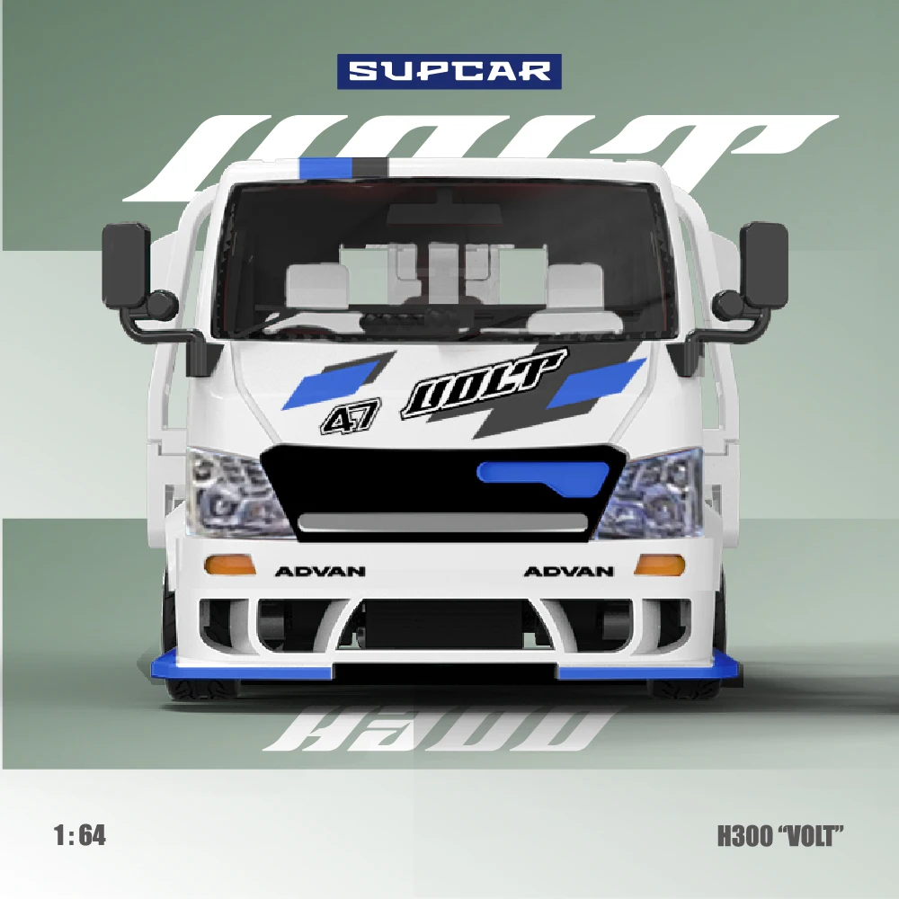 Фото Коллекционная модель автомобиля SUPCAR 1:64 H300 Flatbed Transport Trailer ADVAN VOLT, сине-белая ливеринговая расцветка, имитация, литая под давлением, из сплава. №5
