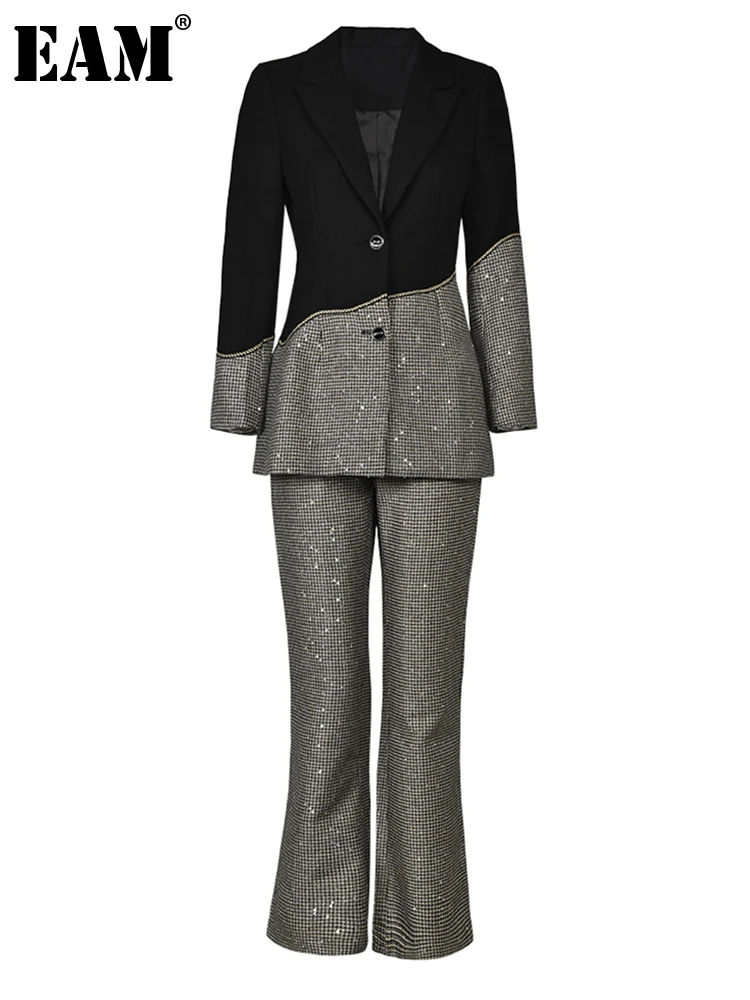 

[EAM] Wide Leg Pants Blazer Black Plaid Two Piece Suit New Round Neck Long Sleeve Women Fashion Tide Spring Autumn 2023 CP1125