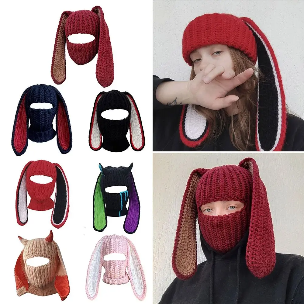 

Windproof Woolen Beanie Cap Long Bunny Ears Handmade Ear Protection Bonnet Knitted Funny Rabbit Ears Hat Balaclava Hat