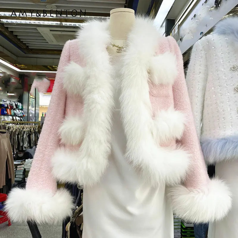 

Oversized Thickened Short Jacket for Women Multi-Pocket Fur Stitching Carded Woollen Fabric Top Ladies Elegant Tweed Coats