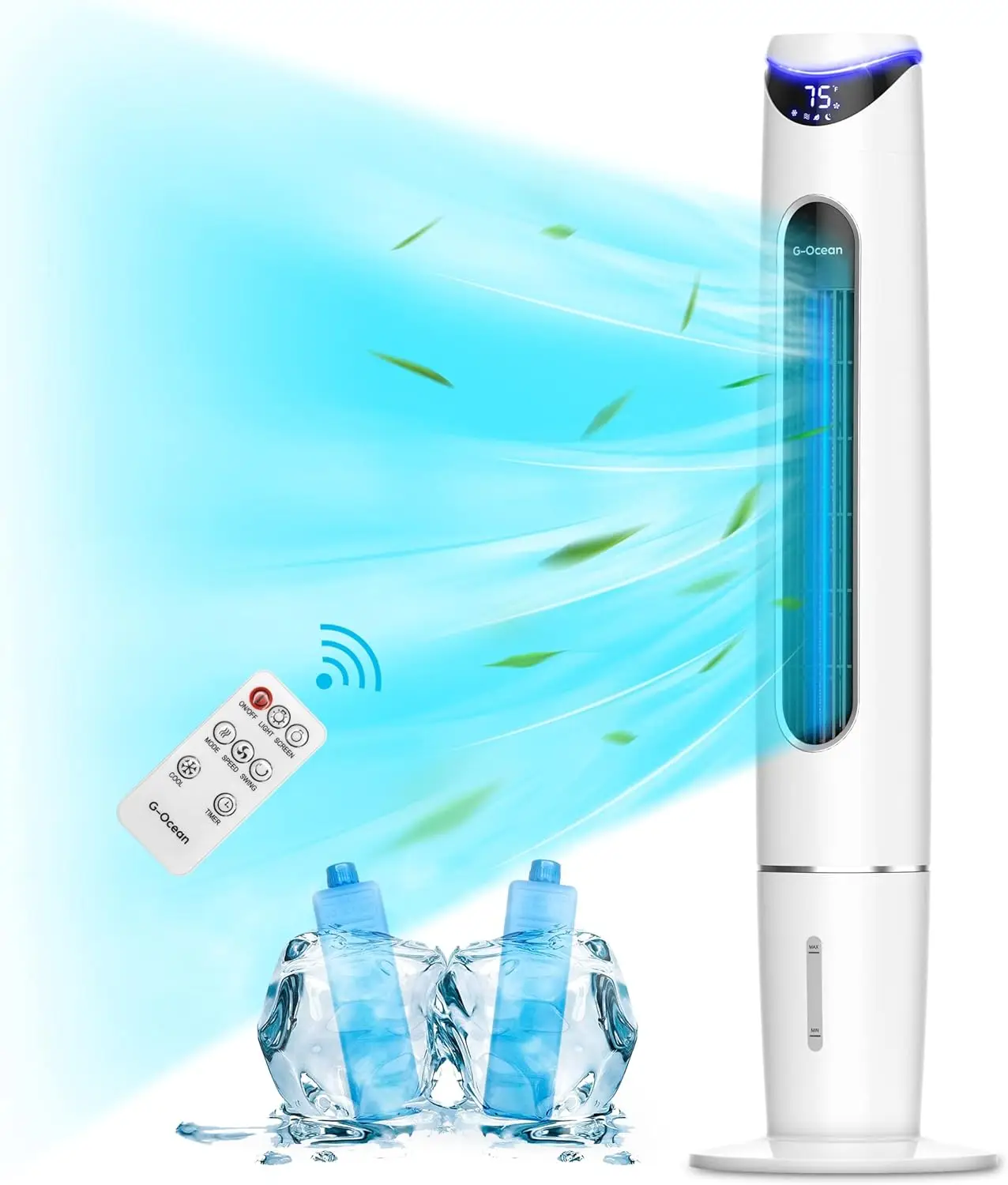 

Cooler - 46" Swamp Cooler with Remote, Air Cooler Fan with Night Light, 8H Timer, Oscillating, 3 Modes, 3 Speeds, 2 Ice Pac Fan