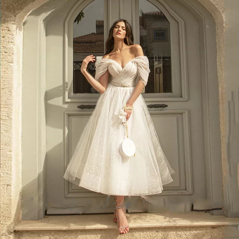 

Glittter Boho Wedding Dress For Women Elegant Off Shoulder Sweetheaart Tulle Point Net Tulle Beach Short Bridal Gown Cheap Civil
