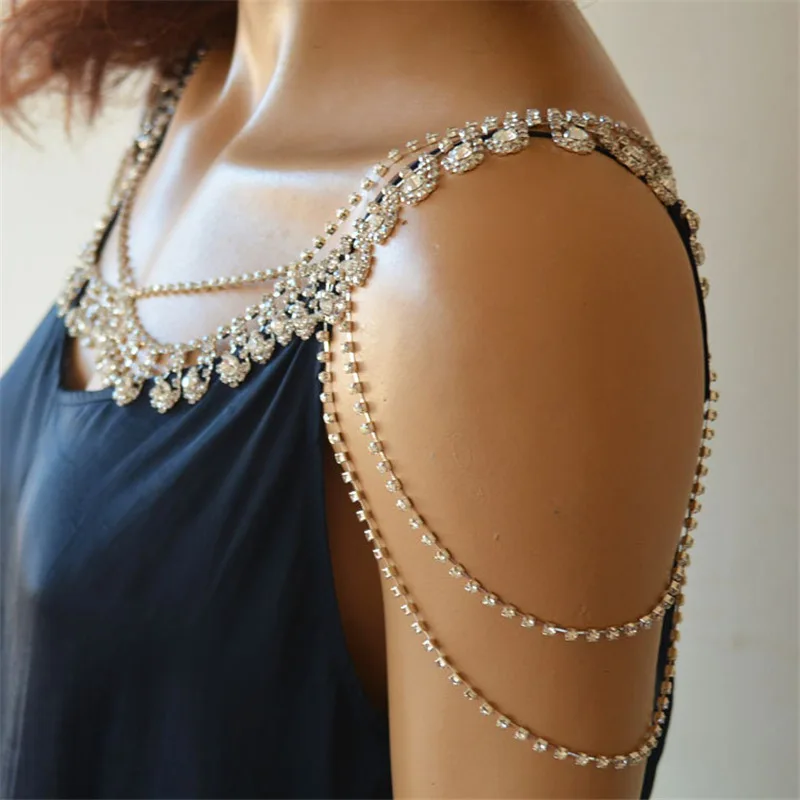 

New Sexy Multi-layer Tassel Chest Breast Shoulder Body Chain Rhinestones Necklace for Women Beach Body Jewelry Prom Party Deco