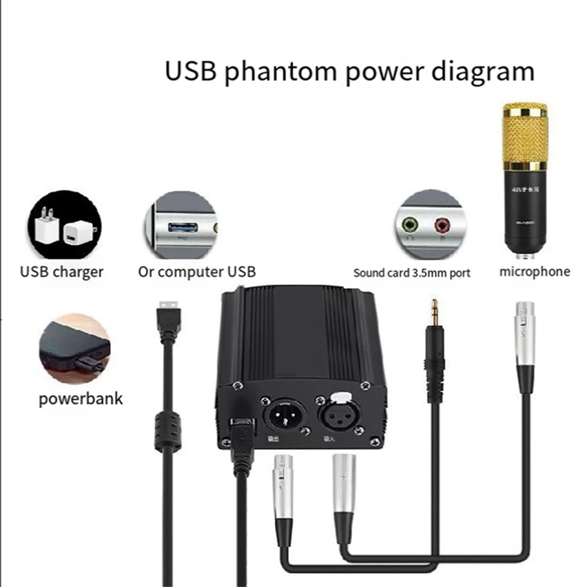 1-Channel 48V Phantom Power Supply with XLR 3 Pin Microphone Cable for Condenser Music Recording Equipment