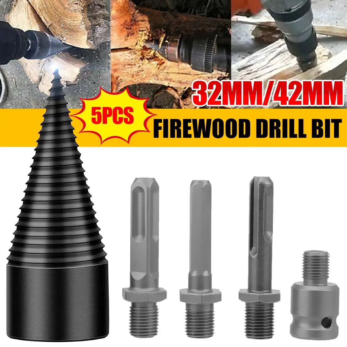 

5PCS 32mm/42mm Firewood Splitter Machine Drill Bit Wood Cone Punch Driver Square/Round/Hex Shank Drill Bit Split Drilling Tool