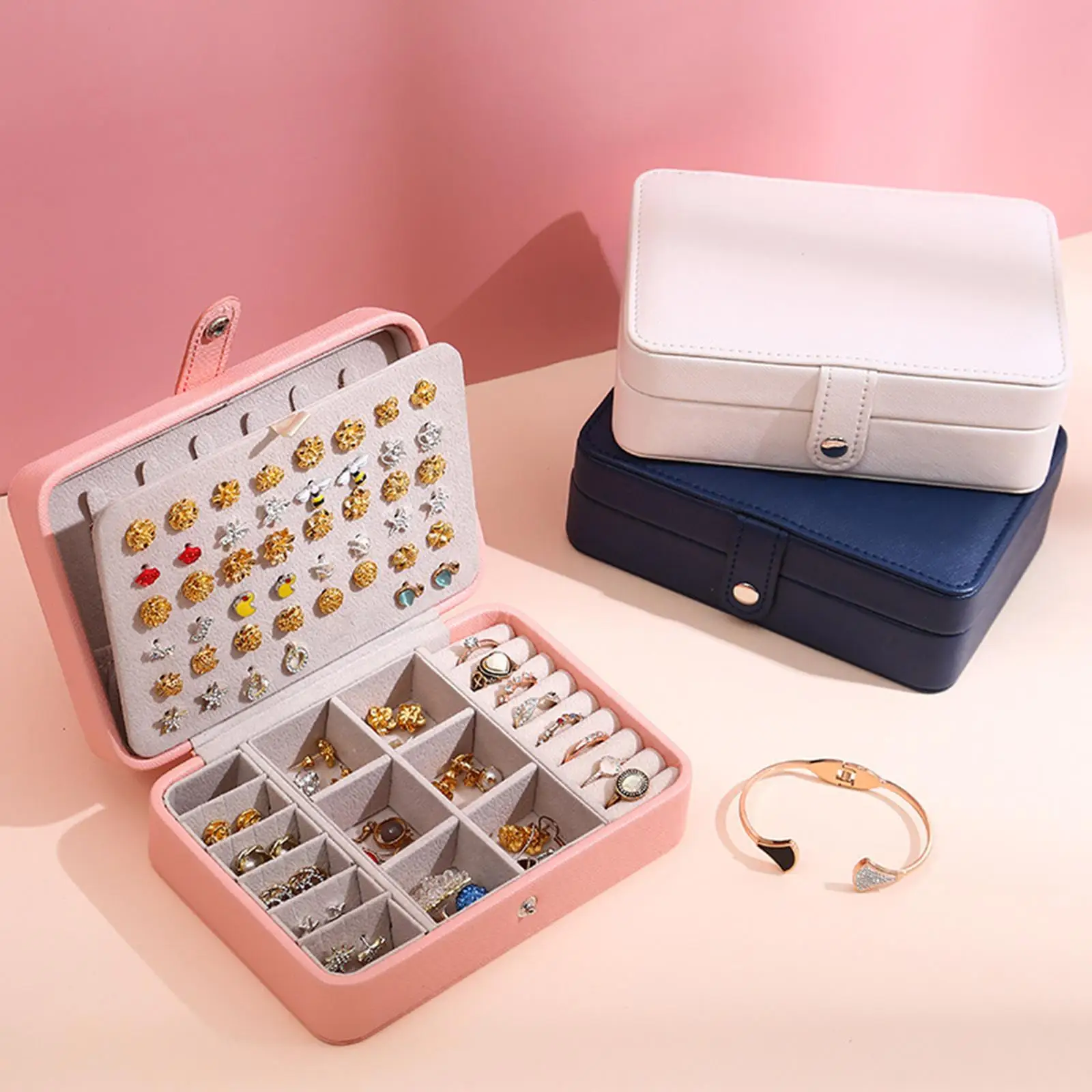 

Portable Jewelry Organizer Leather Jewelry Box Double Layer Display Travel Case Storage Boxes for Earring Ring Necklace Holder