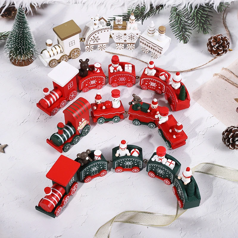 New Year 2024 Christmas Wooden Train Ornament Cute Painted Toy Train with Santa Claus Snowman Crafts Xmas Party Decor Kids Gifts