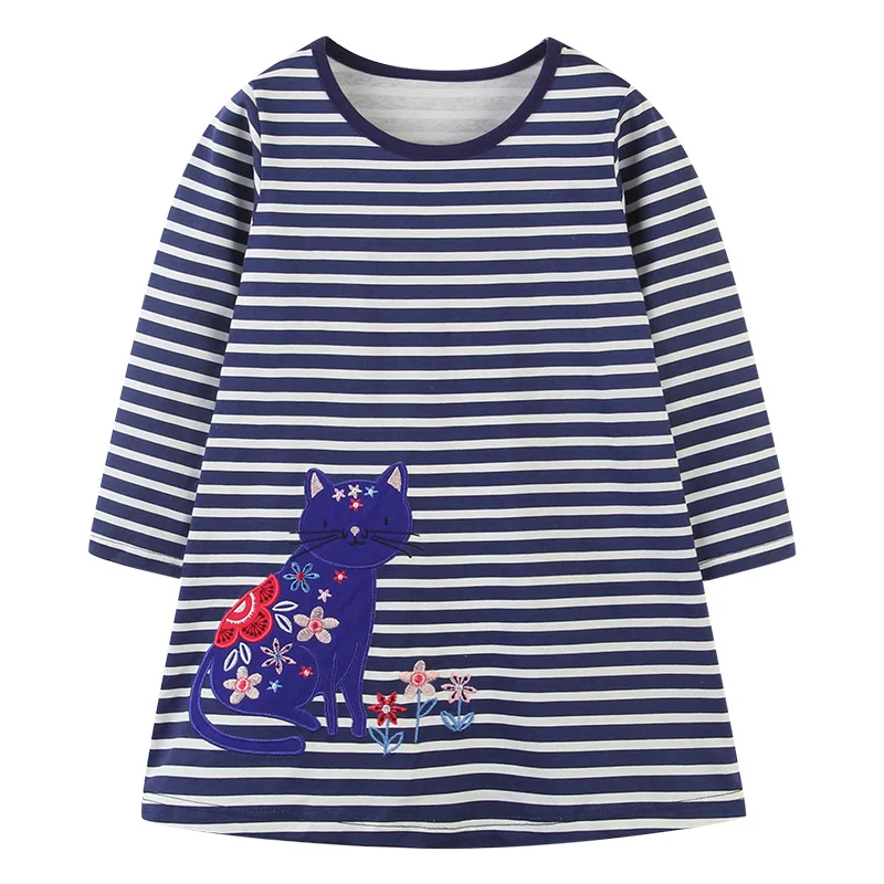 

Baby Girls A-line Striped Dress Princess Girls Leisure Camping Dress Children Kids Cotton long sleeved clothing Cat Embroidery