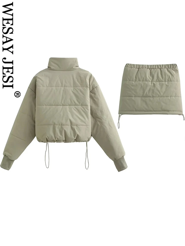WESAY JESI Women's Solid Short Top With Short Skirt Winter Thick Coat + Short Skirt Two-piece Set Retro Female Chic Clothes