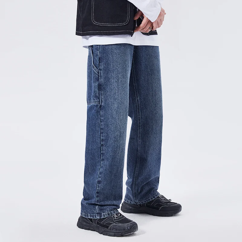 Blue Baggy Jeans Men Fashion Retro Pocket Cargo Jeans Men Japanese Streetwear Hip Hop Loose Straight Denim Pants Mens Trousers