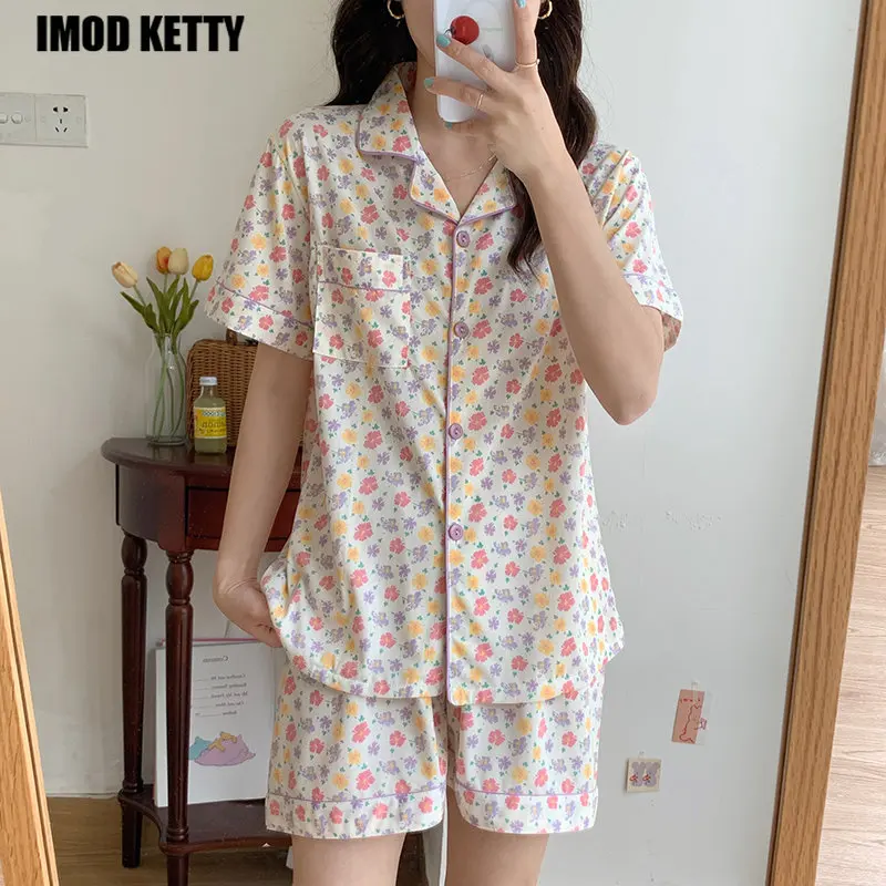 

2022 Fashion new Pajama Sets Turn-down Collar Short Sleeve Women Summer Floral PrintedCartoon Thin Womens 2pcs Pyjamas Elegant