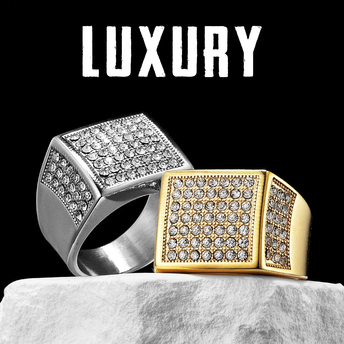 

Simple Luxury Gemstone Square Men Rings Stainless Steel Women Couple Jewelry Hip Hop New In Fashion Accessories Gift Wholesale