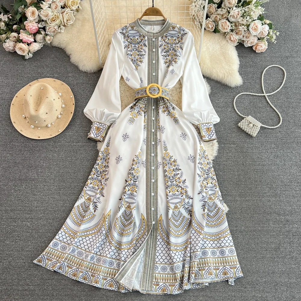 

Женское винтажное платье макси, модельное однобортное платье с длинным рукавом, цветочным принтом, круглым вырезом и поясом, осень