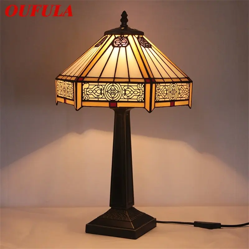 

OUFULA Tiffany Glass Table Lamp LED Vintage Creative Simple Desk Light For Home Living Room Bedroom Bedside Decor