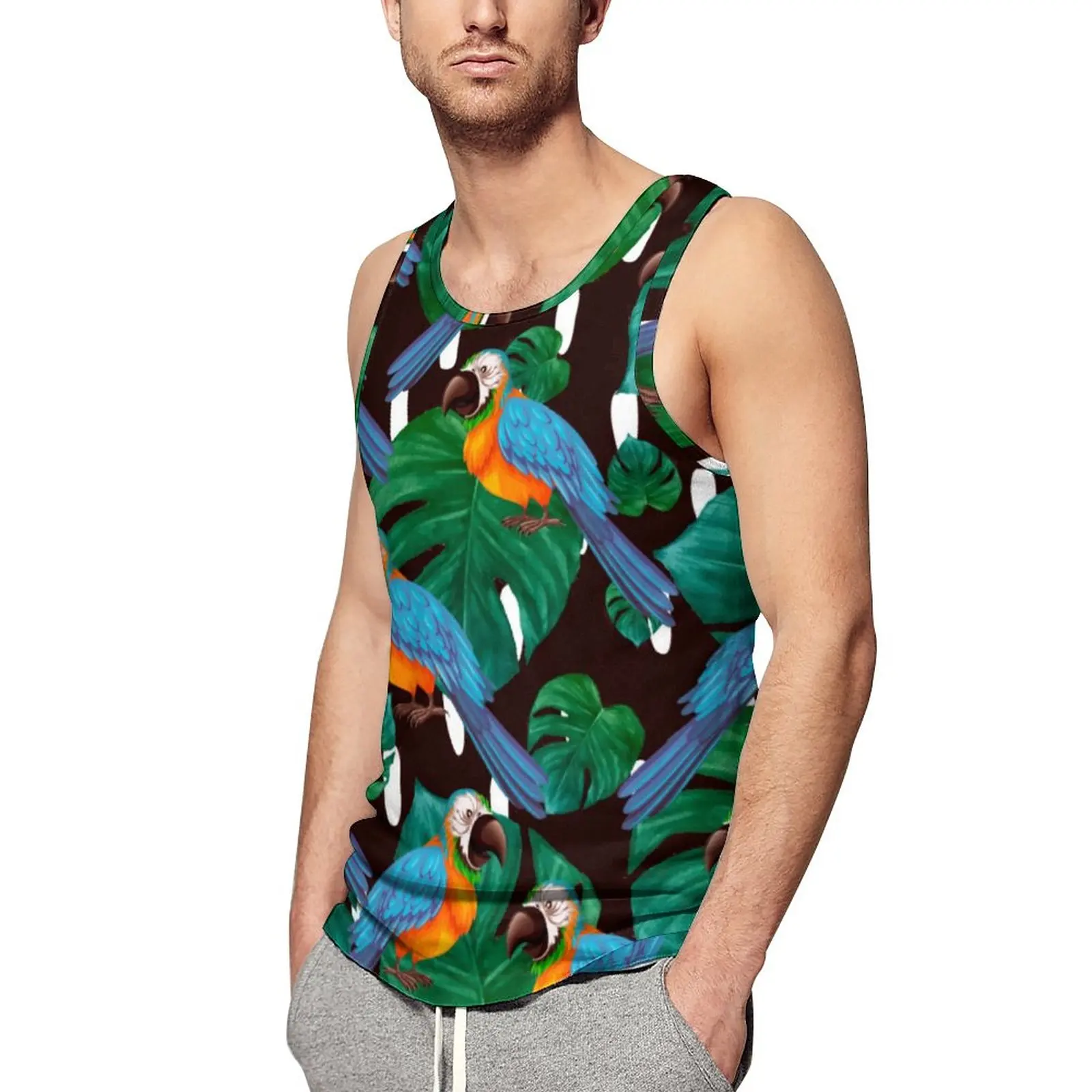 

Tropical Birds Summer Tank Top Palm Leaves Print Training Tops Man Custom Vintage Sleeveless Vests Big Size 4XL 5XL