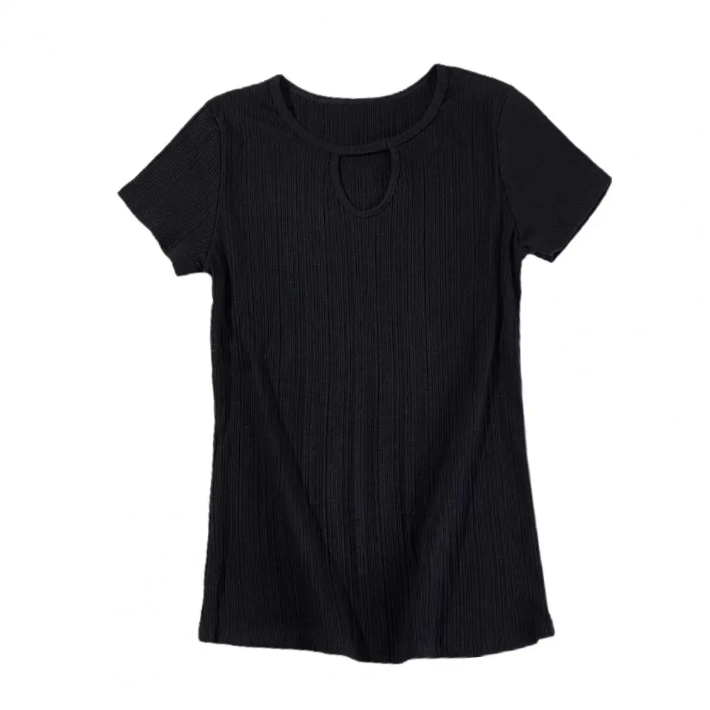 

Shrink Resistant Trendy Pure Color Lady Knitted Tee Top Front Hollow Tee Top Elastic Workwear