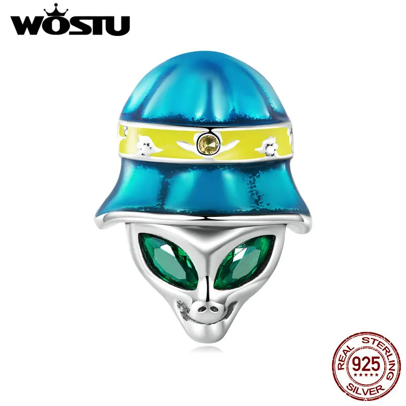 WOSTU 925 Sterling Silver Blue Grotesque Alien Bead with Horse Eyes Mystery UFO-like Charm Fit Original Bracelet Bangle DIY Gift