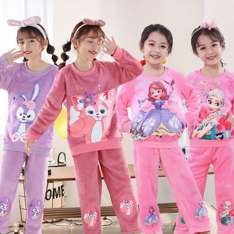 

Frozen Princess Girls Pajamas Set Thicken Autumn Winter Flannel Pijamas Children Fleece Cartoon Pajamas for Teens Kids Sleepwear