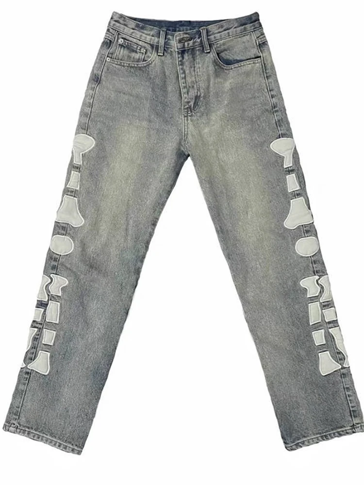 Men Skeleton Baggy Casual Pants Mens Japanese Streetwear Wide Leg Denim Trousers Male Y2k Blue Vintage Denim Pants Men Clothing