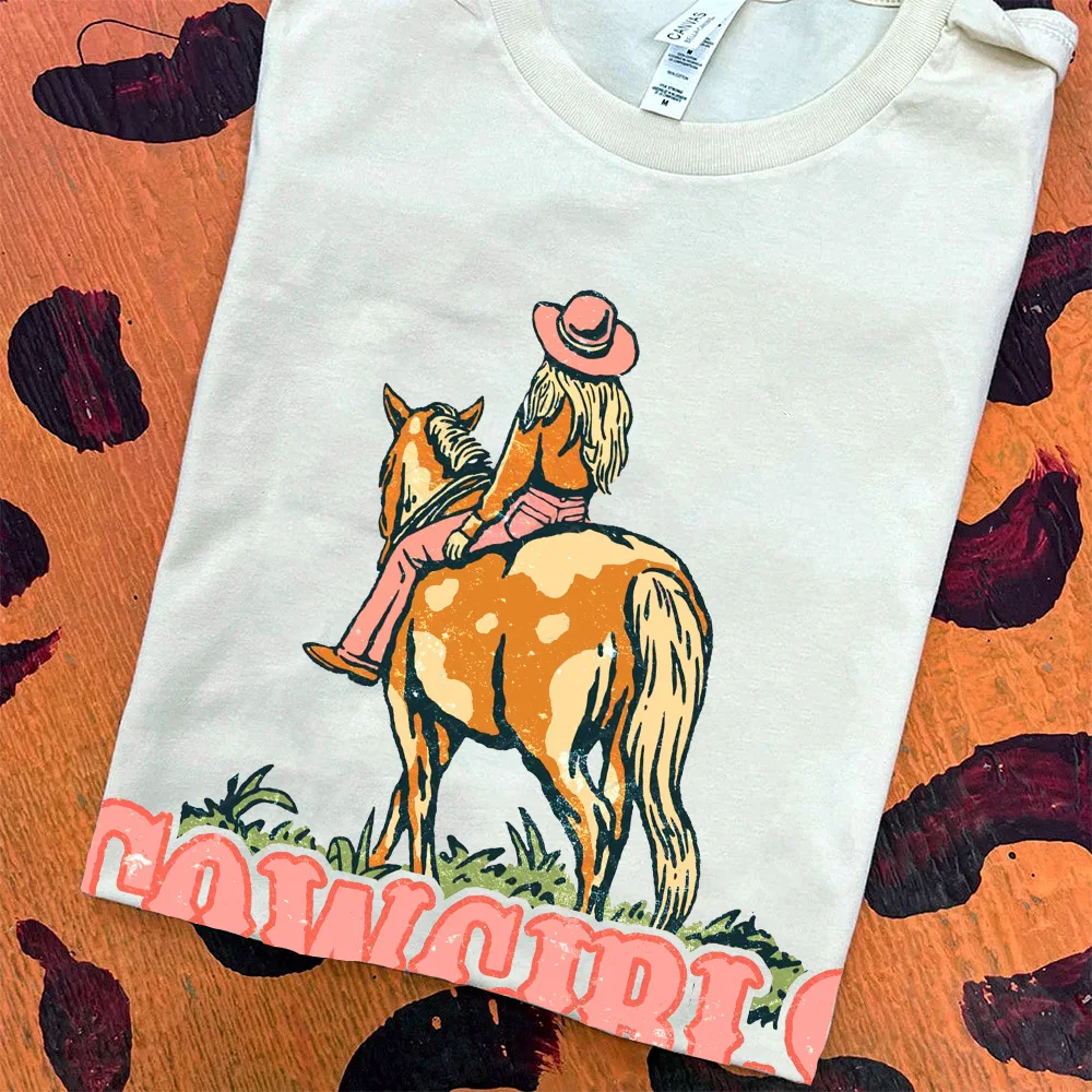 

Новое поступление, футболки в западном стиле Cowgirl для женщин, хлопковые белые футболки с коротким рукавом в стиле ретро Tumblr, модные летние по...