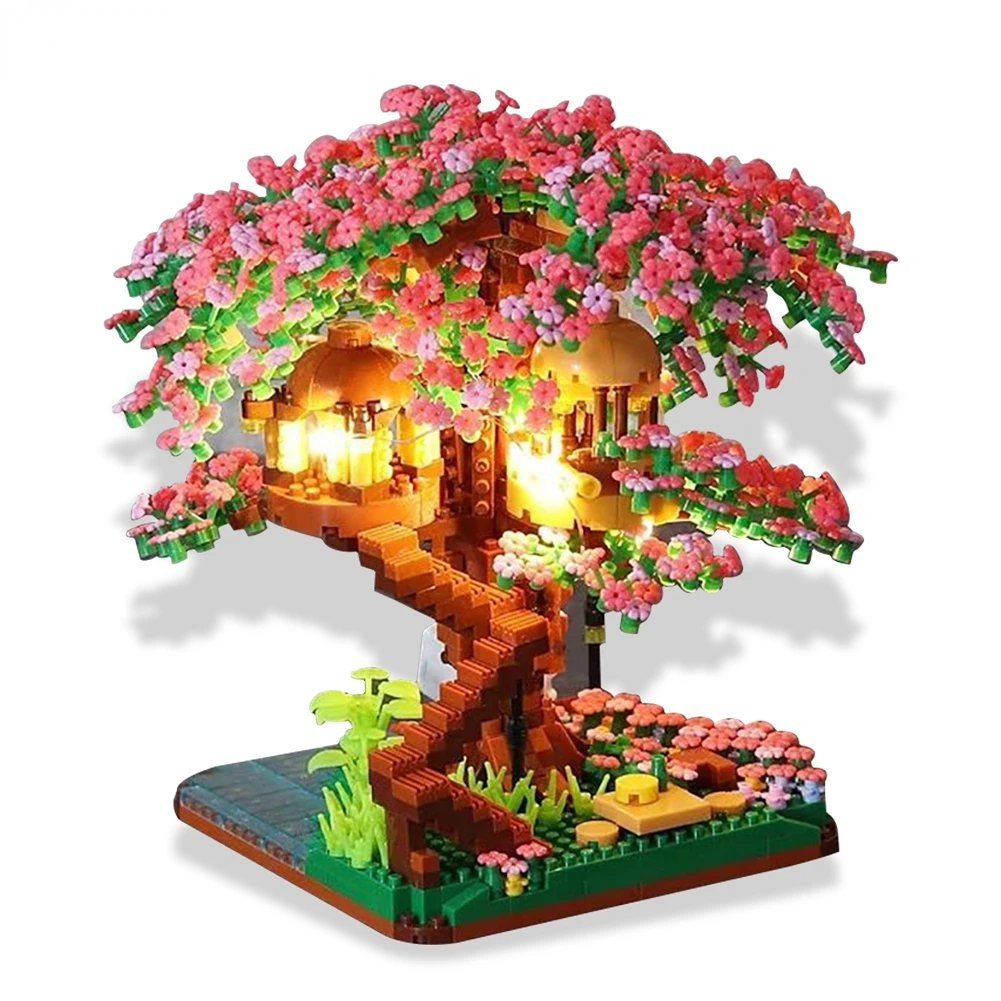 

2138pcs Mini Sakura Tree House with Light Building Blocks Cheer Flower City Street View Series Decoration Gift for Girl