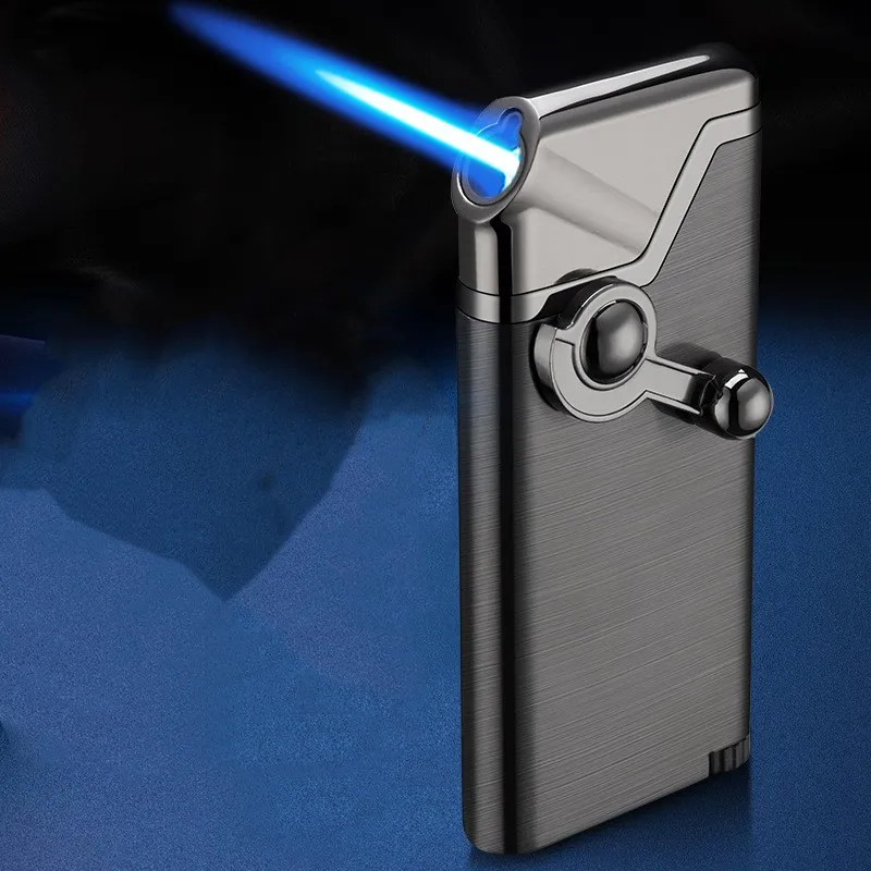 Creative Inflatable Metal Windproof Rocker Type Blue Flame Direct-Flow Windproof Lighter, Oblique Mouth Large Fire Cigar Lighter