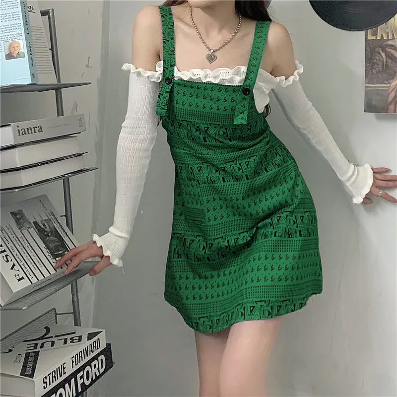 

Button Shoulder Strap Sling Elegant High Waist A-line Mini Harajuku Dark Letter Print Dress Female Summer Goth Sexy Fashion 2021