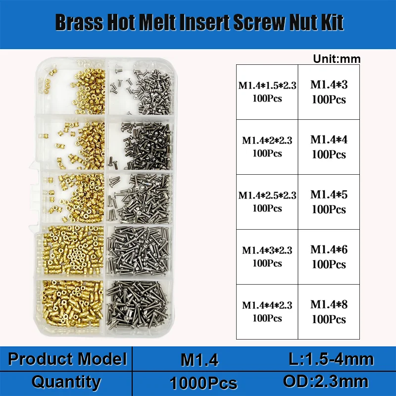 

Гайка с кольцевой вставкой из латуни M1.4 M1.6 M2 M2.5 M3 M4 M5 Латунная вставка горячего плава рифленая гайка и набор винтов из нержавеющей стали впрыскивание