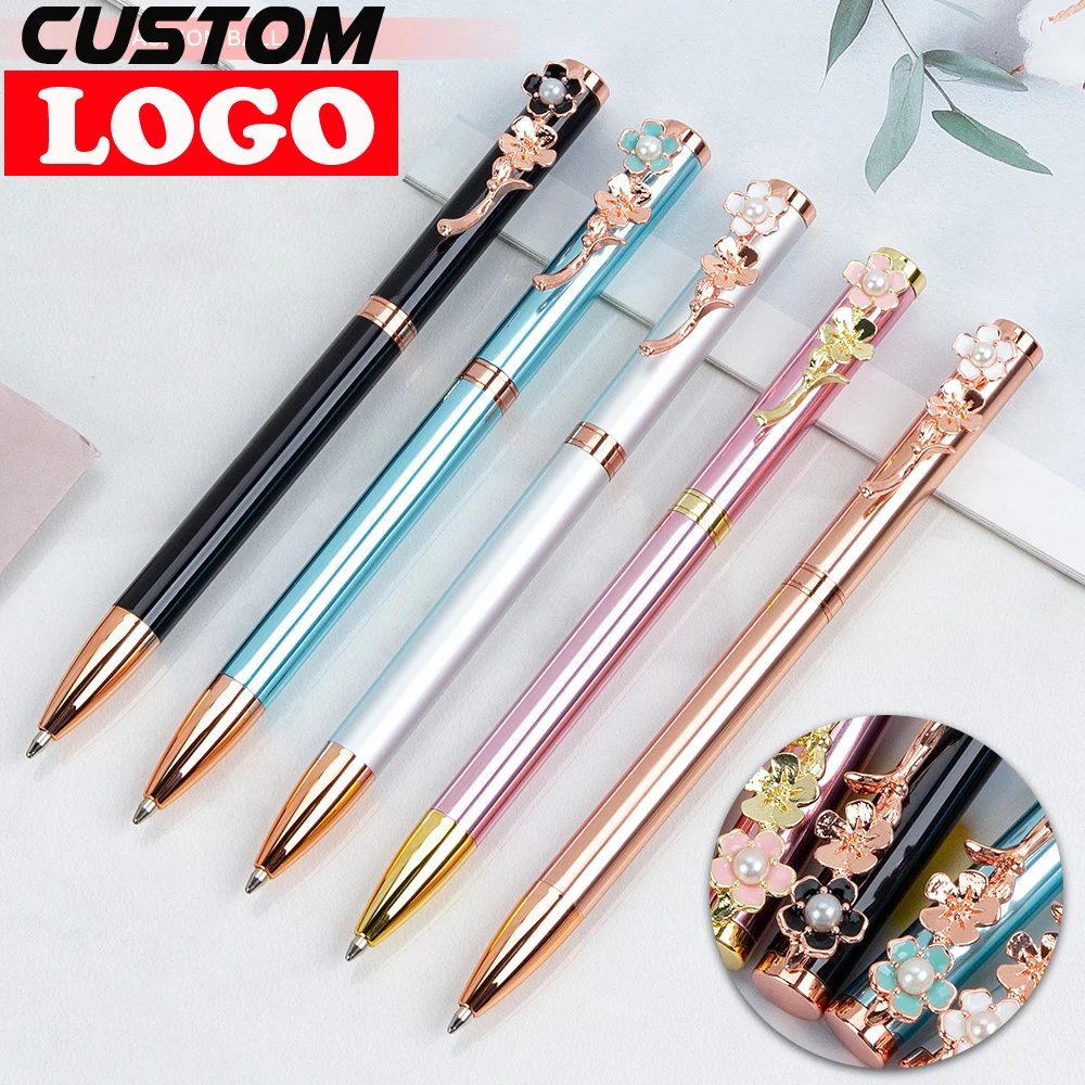 

100Pcs/Lot Luxury Metal Retractable Rose Flower Ballpoint Pens Nice Gift For Birthday Wedding School Office Supplies Custom Logo