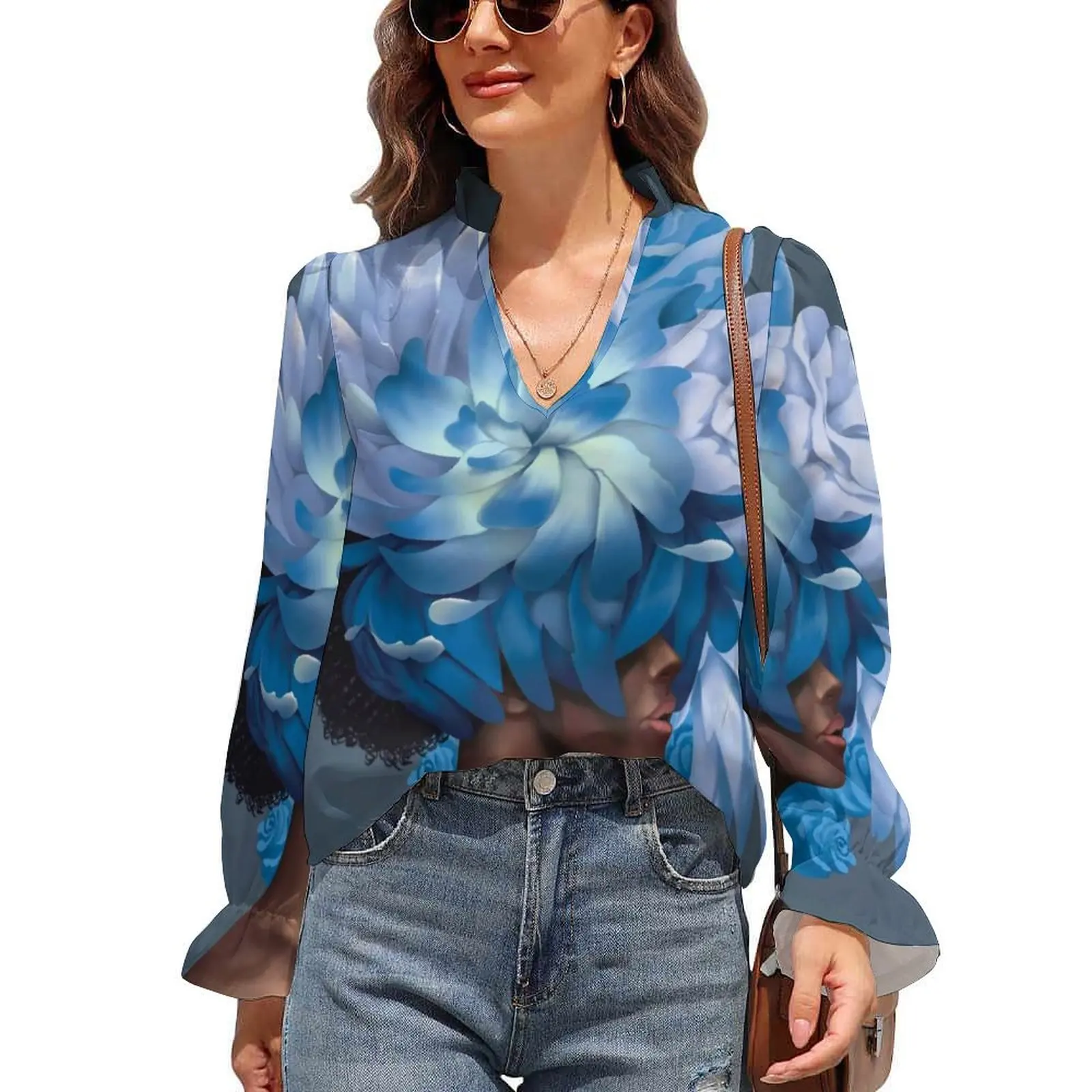 

Flowers Women Head Chiffon Blouse Empowered Woman Trendy Blouses Ruffled Long Sleeve Street Wear Shirts Autumn V Neck Print Tops