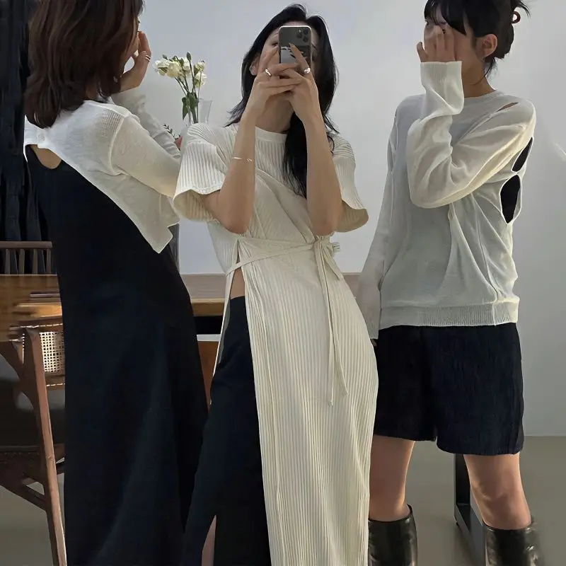 

A-Line Slim Sundress Side Slit Chic Midi Dress Y2K Women Solid Bandage Asymmetrical Streetwear Simple Lace Up Casual