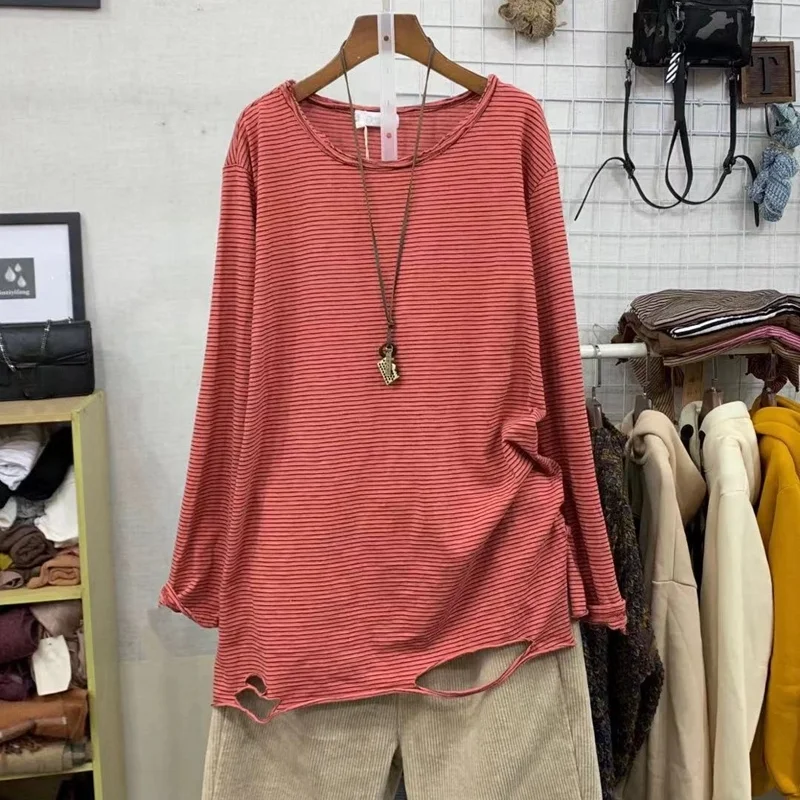 

Cotton 100% Striped Women T-Shirts Summer Vintage 2022 O-Neck Loose Oversize Hole Female Pulls Outwear Tops Tees