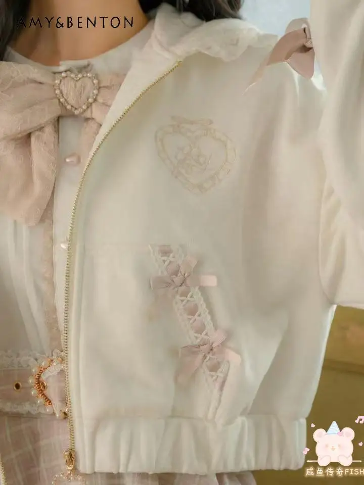 Японский стиль RJ Lace Love с капюшоном и бантом милая вышитая толстовка на молнии в